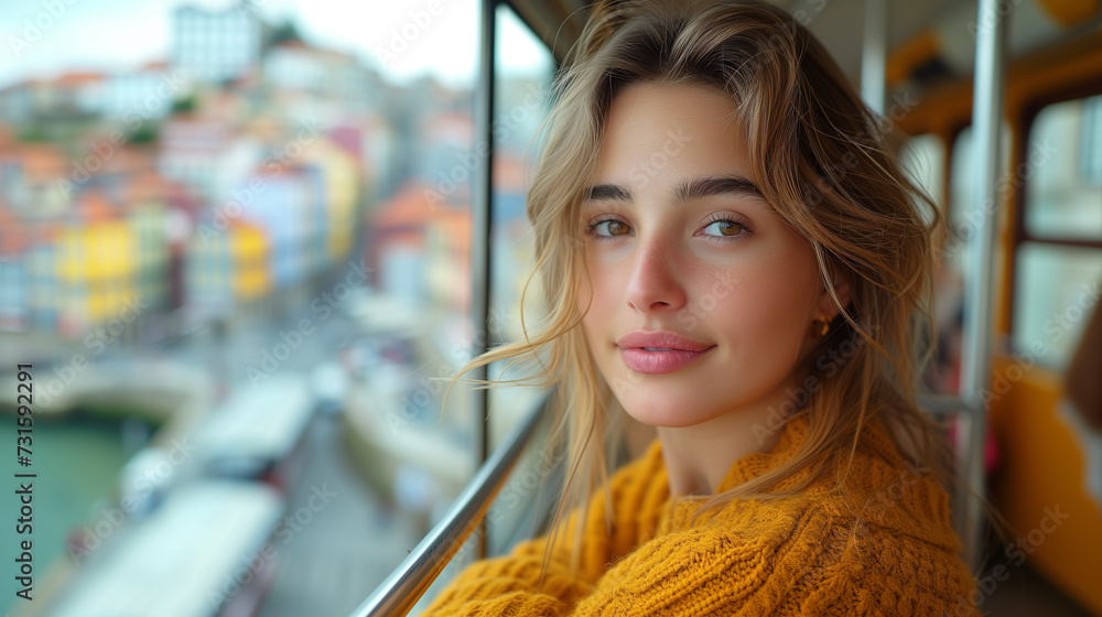 Young attractive woman on a tram in Lisbon, Portugal. Young attractive woman on a tram in Lisbon, Portugal.