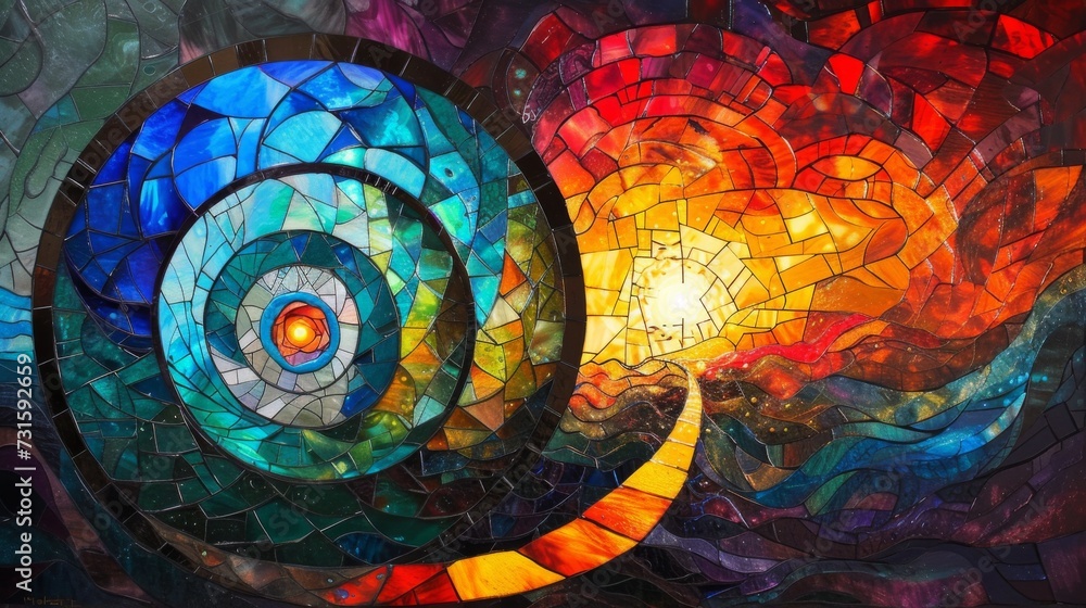 A chaotic tunnel in the style of Stained-glass window background with colorful abstract
