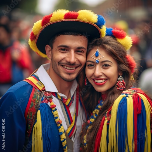 Happy young couple wearing national colombian colors