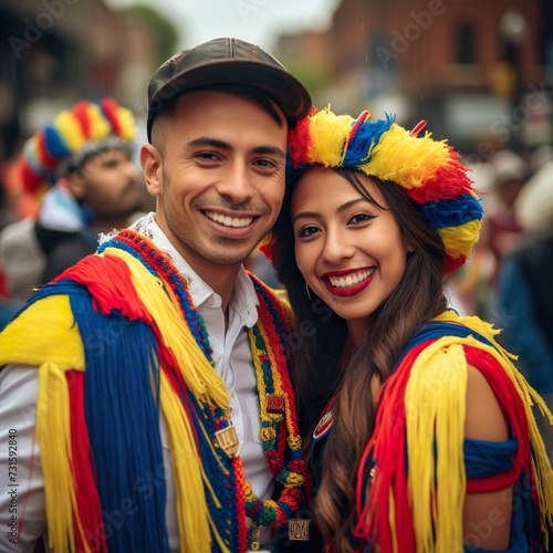 Happy young couple wearing national colombian colors