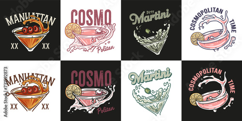 Cosmopolitan cocktail, martini, manhattan cocktail vector set with orange zest for cocktail bar or drink summer party. Alcohol cocktail collection with vodka for beach bar and cafe menu