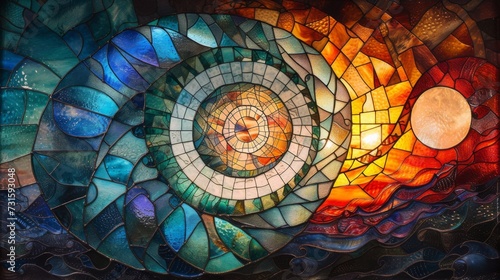 A chaotic tunnel in the style of Stained-glass window background with colorful abstract