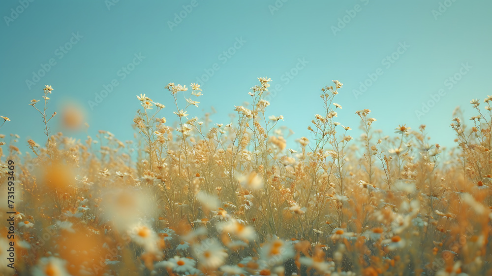 A blooming field of wildflowers, with a clear blue sky as the background, during a sunny spring day