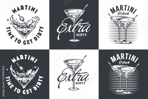 Monochrome martini cocktail vector set with olive and splashes for alcohol for cocktail bar or drink party. Margarita or martini collection for logo or tee print of bartender or barman