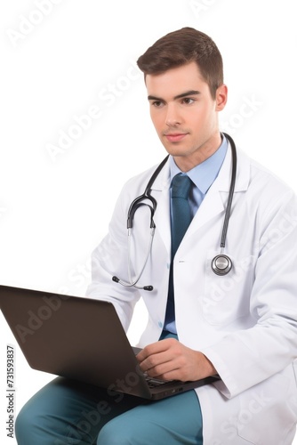 a young male doctor sitting with a laptop