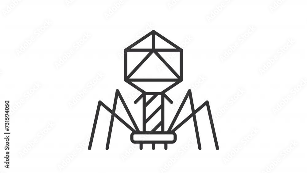 Animated bacteriophage icon. Viral particle line animation. Microbiology science. Infectious microorganism. Black illustration on white background. HD video with alpha channel. Motion graphic Animated bacteriophage icon. Viral particle line animation. Microbiology science. Infectious microorganism. Black illustration on white background. HD video with alpha channel. Motion graphic