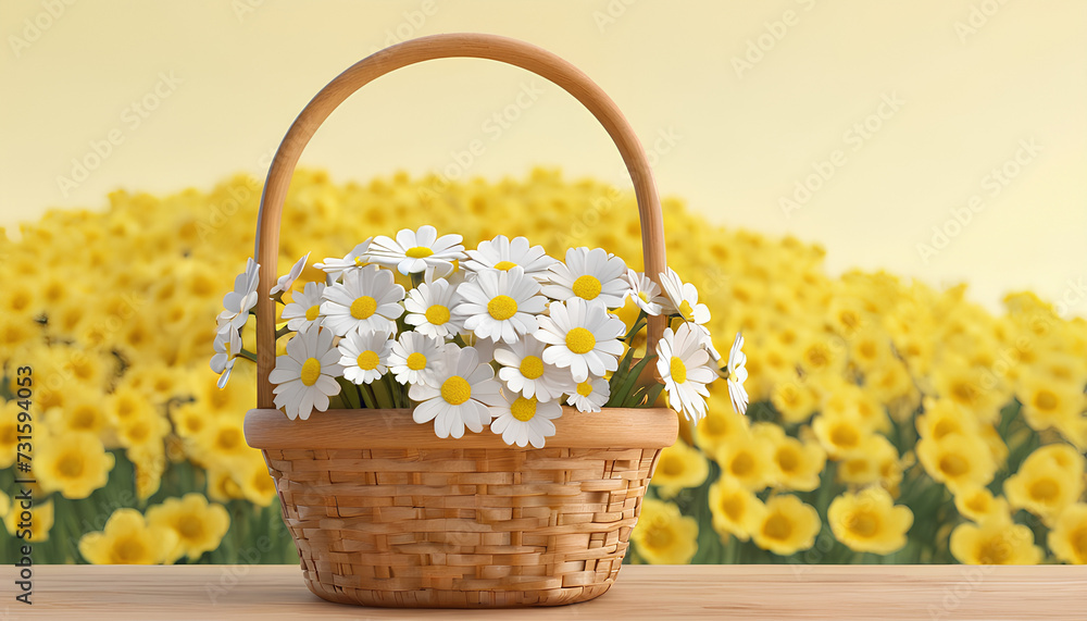 White flowers in wooden basket on yellow spring background 3D Rendering White flowers in wooden basket on yellow spring background 3D Rendering