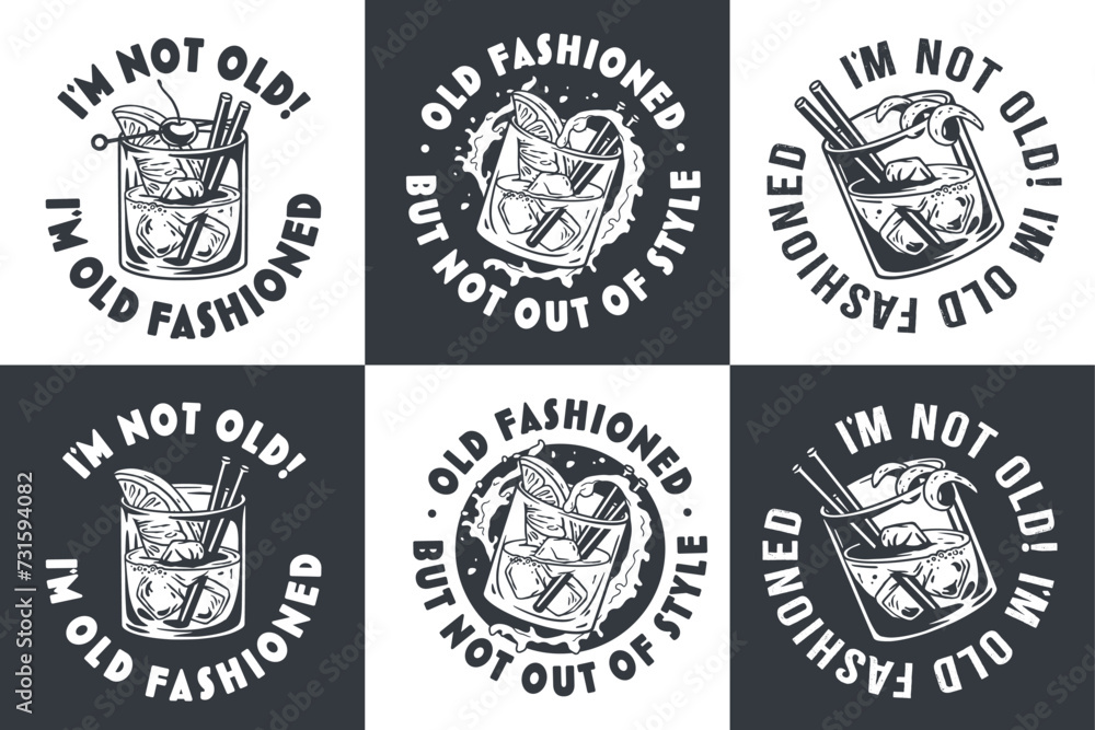Obraz premium Monochrome Old fashioned cocktail vector set with ice, cherry and splash for design of bar menu. American alcohol cocktail collection with whisky and bourbon for drink party. Tee print