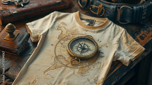 a beige T-shirt with a map of the world and a compass on the chest 