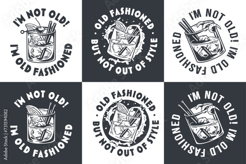 Monochrome Old fashioned cocktail vector set with ice, cherry and splash for design of bar menu. American alcohol cocktail collection with whisky and bourbon for drink party. Tee print