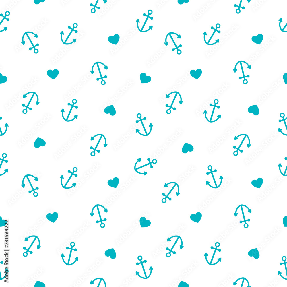 Seamless pattern with blue anchors and hearts Seamless pattern with blue anchors and hearts