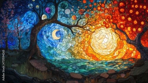 Stained glass window background with colorful Moon and sun abstract. photo