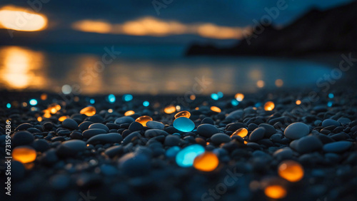 Colorful crystal pebbles glowing in the sea beach at dark.	 photo