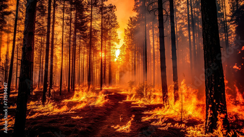 Countryside forest engulfed in smoke from a fire under a cloudy evening sky