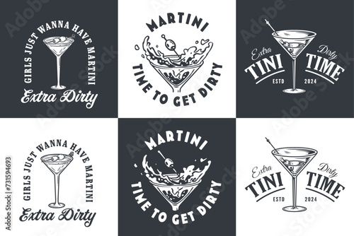 Monochrome martini cocktail vector set with olive and splashes for alcohol for cocktail bar or drink party. Margarita or martini collection for logo or tee print of bartender or barman