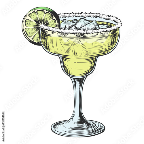 Margarita cocktail with slice lime, ice cube and salt on glass. Vintage hatching vector color illustration Isolated on white background. Engraving sketch style