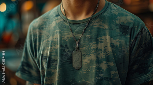 a green T-shirt with a camouflage print and a dog tag hanging from the neck 