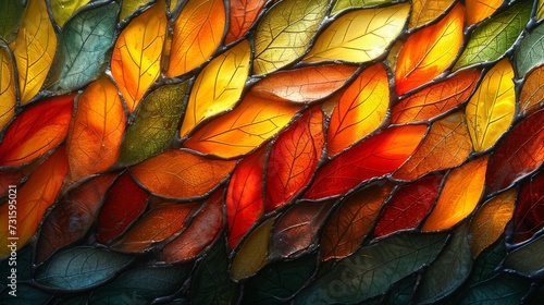 Stained glass window background with colorful leaf abstract. 