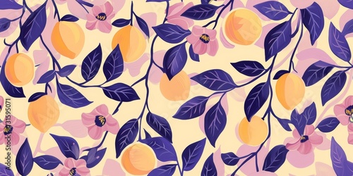 Vibrant hand-painted floral and fruit lemon seamless pattern with colorful blooms flowers and fruits, bright floral background. Botanical wallpaper.
