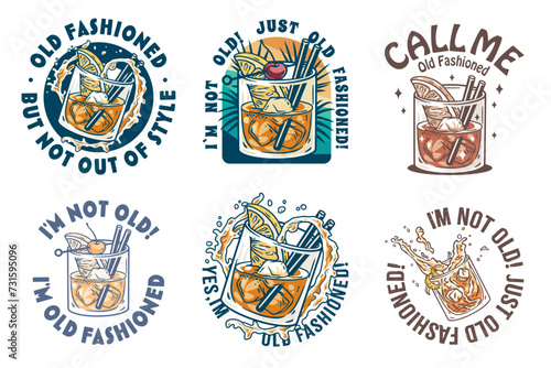 Old fashioned cocktail vector set with ice, cherry and splash for design of bar menu. American alcohol cocktail collection with whisky and bourbon for drink party. Tee print