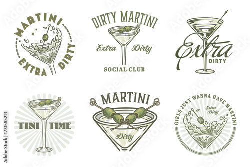 Martini cocktail vector set with olive and splashes for alcohol for cocktail bar or drink party. Margarita or martini collection for logo or tee print of bartender or barman