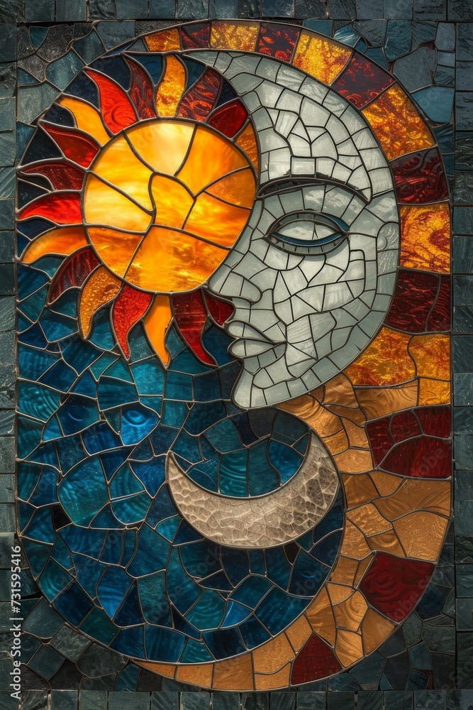 Stained glass window background with colorful Moon and sun abstract.	