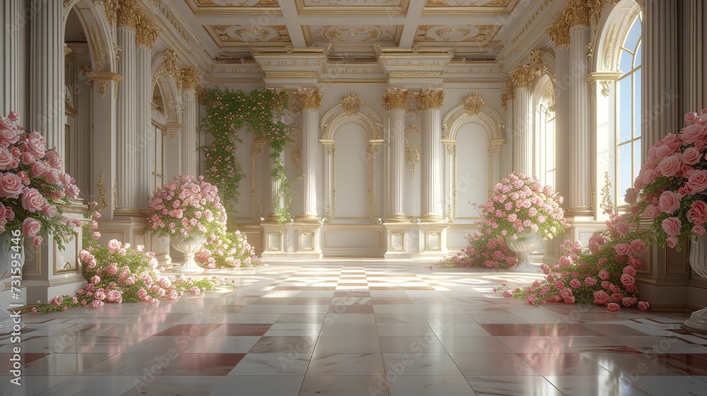 Luxury Palace Interior decorated with pink roses. Palace Interior background 