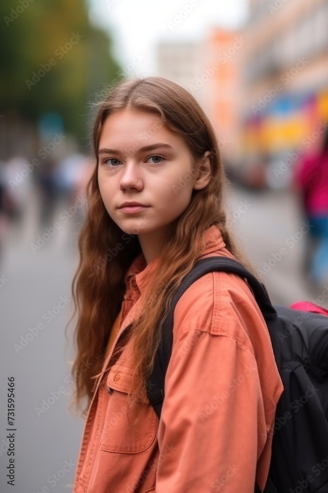 woman, portrait and student with a backpack in the city for learning, university or education