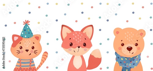 Woodland animal clip art. Nursery art.  Poster set with cute cat, fox, bear. For children