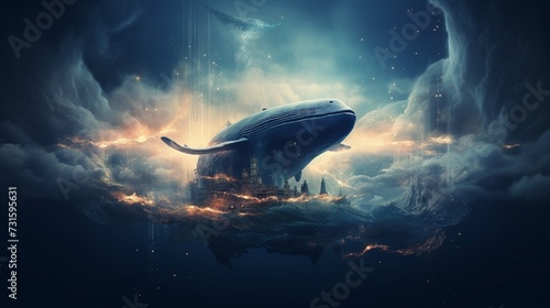 A double exposure of an ocean and a whale flying through the sky, defying the laws of gravity and nature. photo
