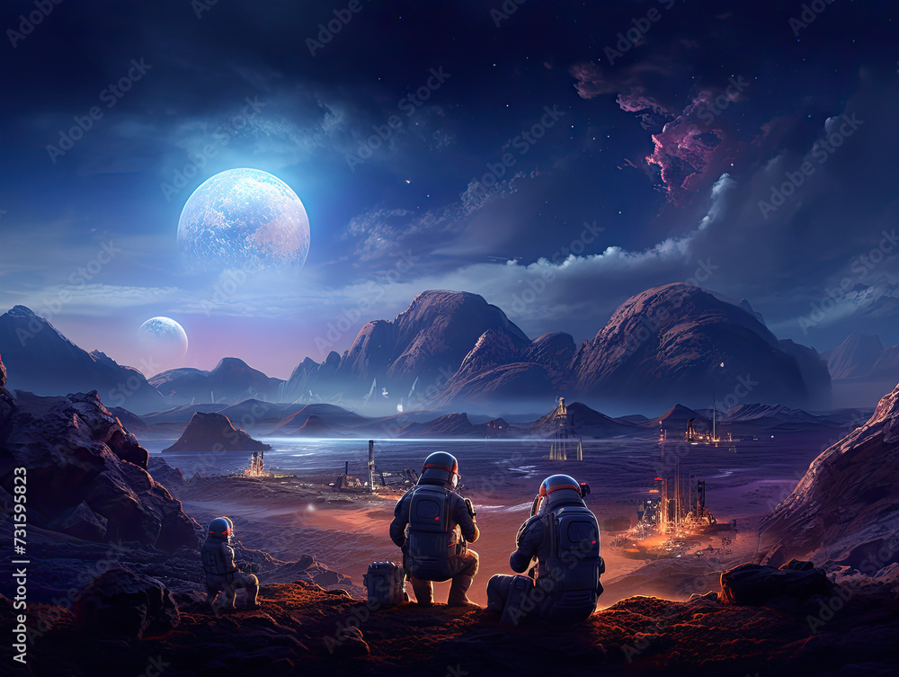 In an alien realm, astronauts meld with surreal vistas, forging unity through advanced tech, unraveling cosmic mysteries in collaborative exploration