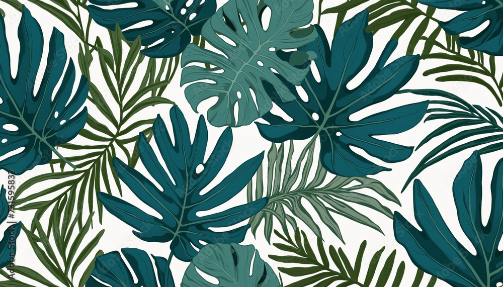 Blue tropical summer plant leaf seamless pattern. Exotic jungle monstera leaves background illustration. Natural organic artwork wallpaper print. Vintage botanical palm tree texture.	