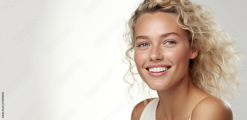 Portrait of young happy Nordic woman. Skin care beauty. Skincare cosmetics. Copy space. Isolated on white background. Portrait of young happy Nordic woman. Skin care beauty. Skincare cosmetics. Copy space. Isolated on white background.