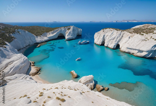 Drone overhead image of Sarakiniko Beach in Greece's Milos Island, which has white rock formations and cliffs encircled by blue seas in the Aegean Sea. 