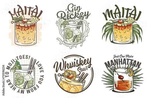 Mai Tai cocktail and Manhattan cocktail vector set with slice of pineapple and cherry for cocktail bar or summer party. Whiskey sour, Mojito or Gin rickey alcohol cocktail for drink party. Tee print