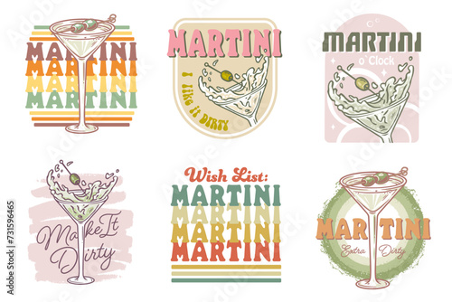 Martini cocktail vector set with olive and splashes for alcohol for cocktail bar or drink party. Margarita or martini collection for logo or tee print of bartender or barman