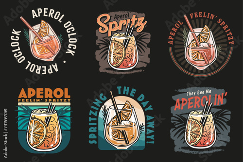 Aperol cocktail vector set with ice and slice of orange for cocktail bar or drink summer party. Aperol spritz or alcohol cocktail collection with gin for tee print of beach bar and cafe menu