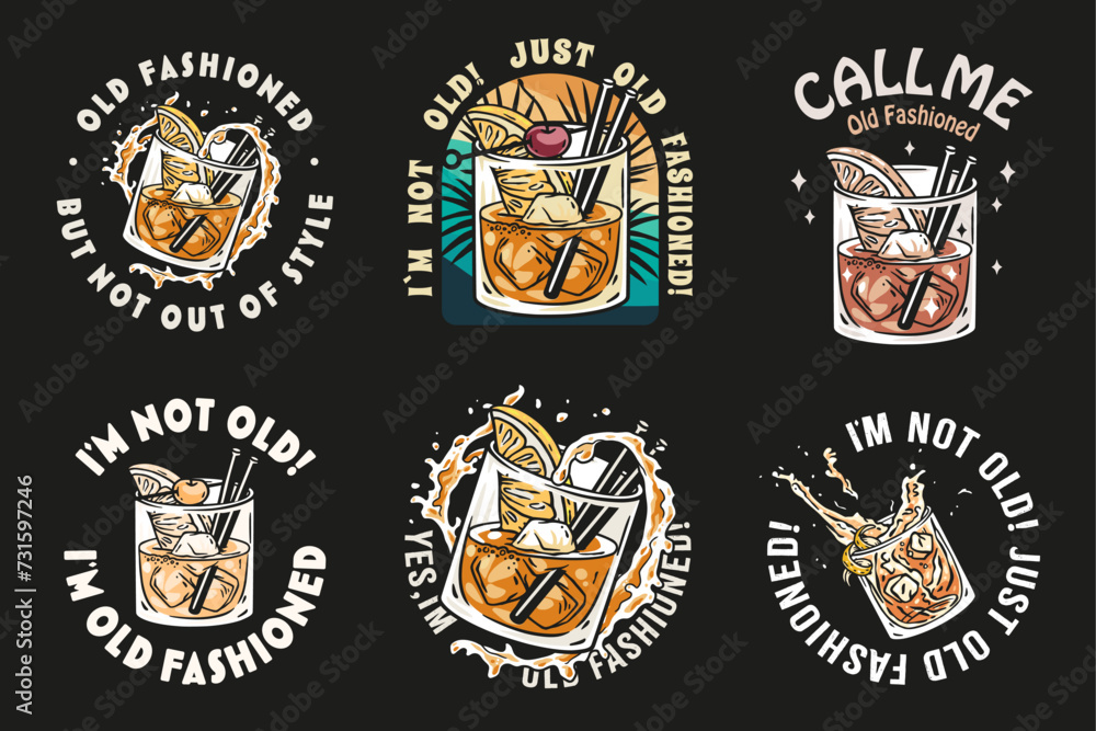 Naklejka premium Old fashioned cocktail vector set with ice, cherry and splash for design of bar menu. American alcohol cocktail collection with whisky and bourbon for drink party. Tee print
