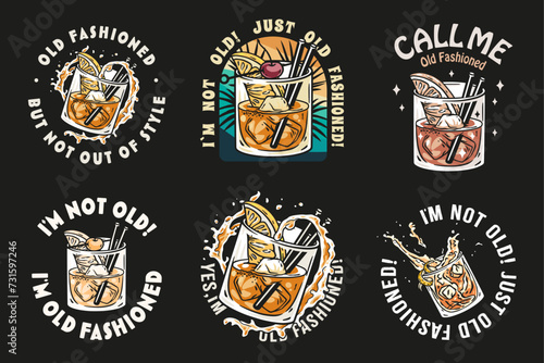 Old fashioned cocktail vector set with ice, cherry and splash for design of bar menu. American alcohol cocktail collection with whisky and bourbon for drink party. Tee print
