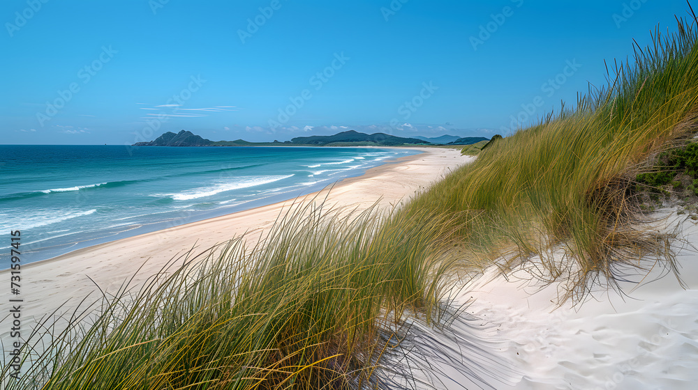 A pristine sandy beach, with turquoise waves as the background, during a tranquil summer afternoon A pristine sandy beach, with turquoise waves as the background, during a tranquil summer afternoon