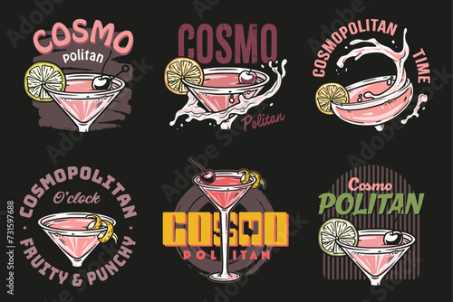 Cosmopolitan cocktail vector set with orange zest for cocktail bar or drink summer party. Alcohol cocktail with vodka for beach bar and cafe menu