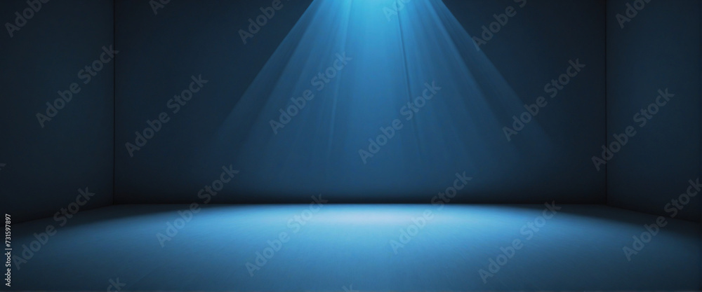 Dark blue background glowing light blue ray spotlight stage studio backdrop product placement abstract template design