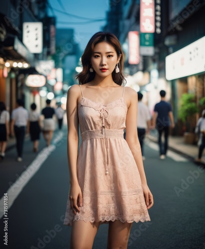 asian woman in a short dress is standing on the street at night time 