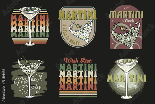 Martini cocktail vector set with olive and splashes for alcohol for cocktail bar or drink party. Margarita or martini collection for logo or tee print of bartender or barman