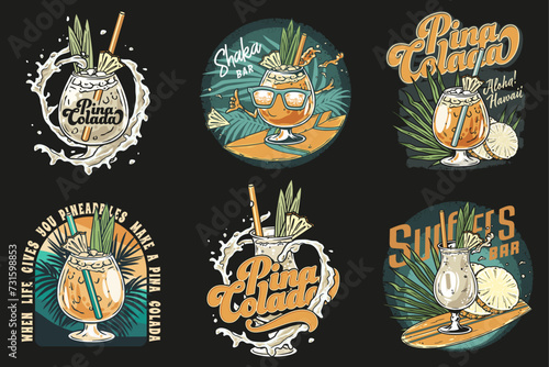 Pina Colada cocktail tee print vector set with splashes and slice of pineapple for cocktail bar or drink summer party. Pina alcohol cocktail collection lettering with rum for beach bar and cafe menu
