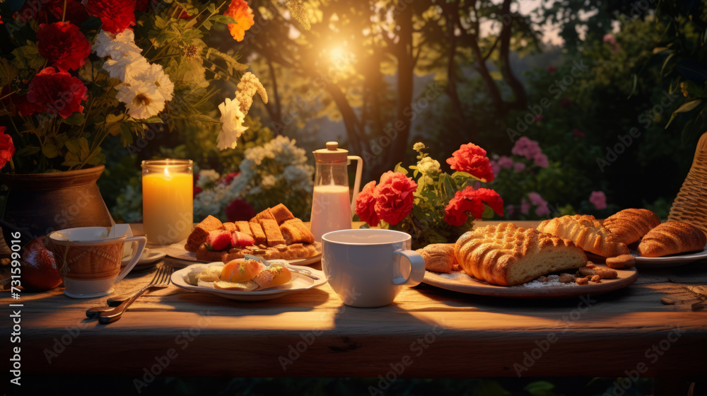 Romantic breakfast with croissants and coffee on table in garden