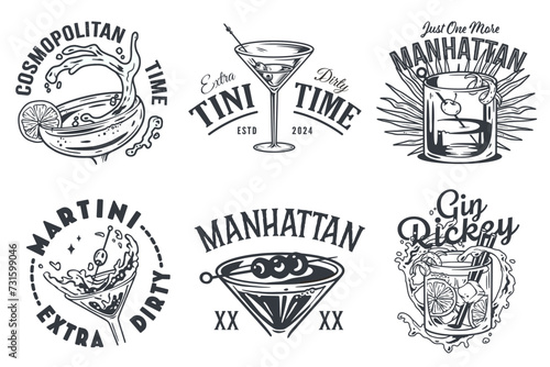 Monochrome cosmopolitan cocktail, martini, Manhattan cocktail vector set with orange zest for cocktail bar or drink summer party. Alcohol cocktail collection with vodka for beach bar and cafe menu