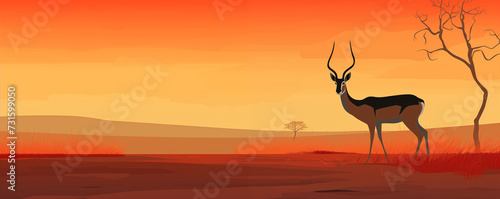 Antelope on a beautiful African savanna landscape at sunset, panoramic view, illustration generated by ai