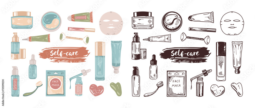 A set of hand-drawn sketches of cosmetics, beauty, self-care elements.  Illustration for beauty salon, cosmetic store, makeup design. Colored flat and black doodle style. - obrazy, fototapety, plakaty 