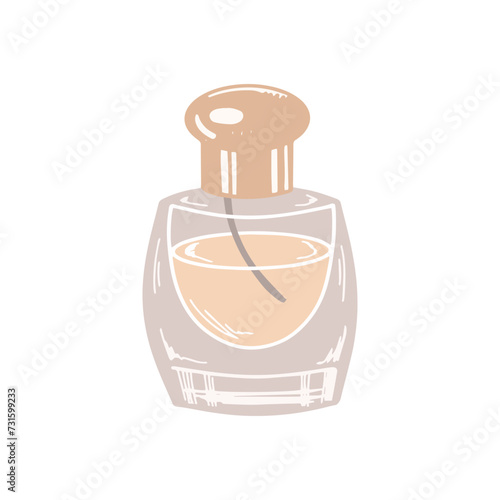 Hand-drawn perfume bottle, beauty cosmetic element, self care. Illustration for beauty salon, cosmetic store, makeup design. Colored flat style.